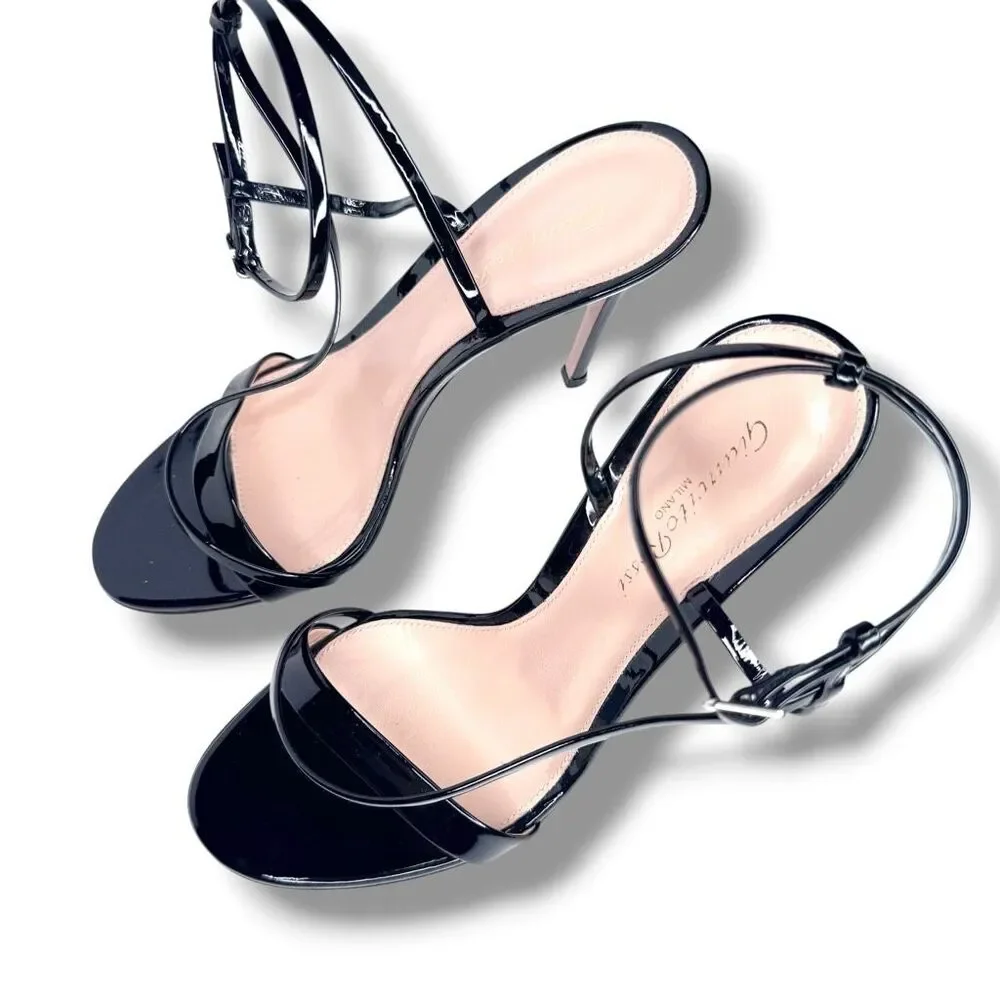 Gianvito Rossi Black Patent Leather Manhattan Ankle Strap Stiletto Heeled Sandal